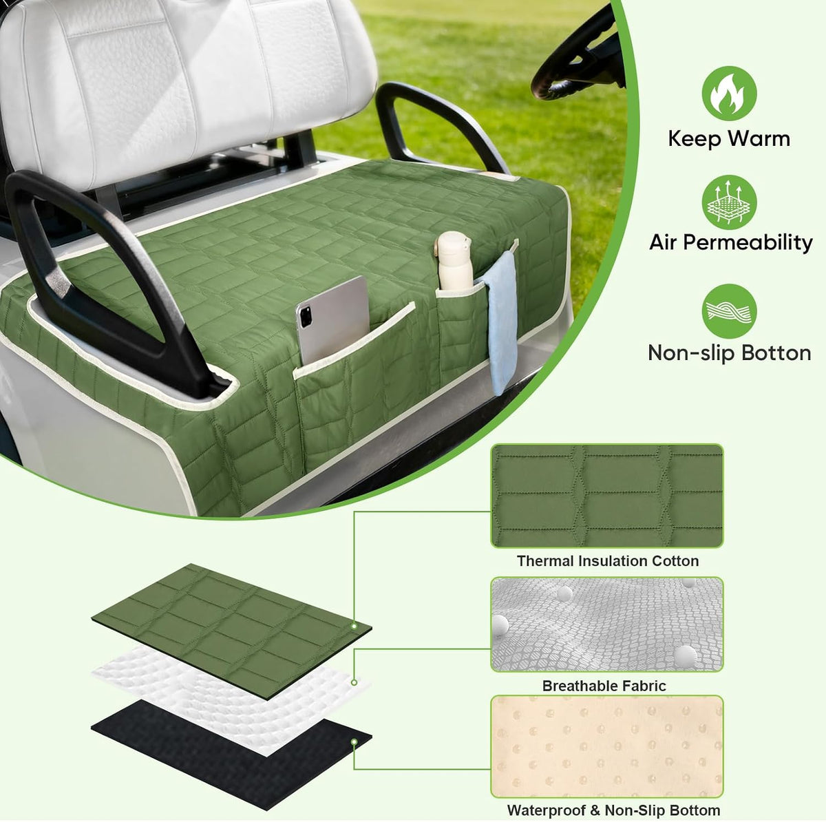 Golf Cart Seat Cover, Universal Bench Seat Cover with Storage Pockets, Non-Slip Seat Protector for Golf Cart, Fits EZGO Club Car Yamaha, Easy Install, Dark Green