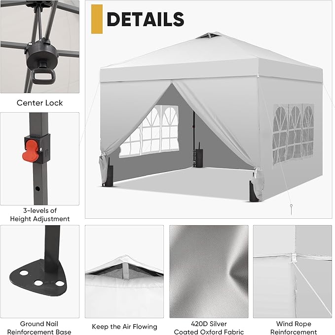 Saemoza 12x12 Pop Up Canopy Tent with One Push Setup, Portable Sun Shade Tent, Instant Easy Up Canopy with 4-Sidewalls & Wheeled Bag, Outdoor Fldable Gazebo with Vent Top, White.