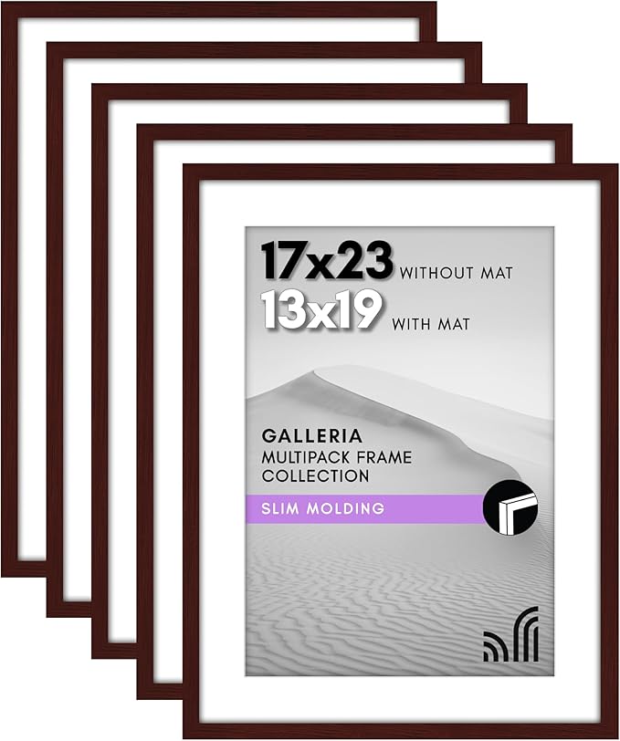 Americanflat 17x23 Picture Frame with Polished Plexiglass - Set of 5 - Use as 13x19 Frame with Mat or Display 17x23 Photo Without Mat - Galleria Collection - Picture Frames for Wall Display - Mahogany