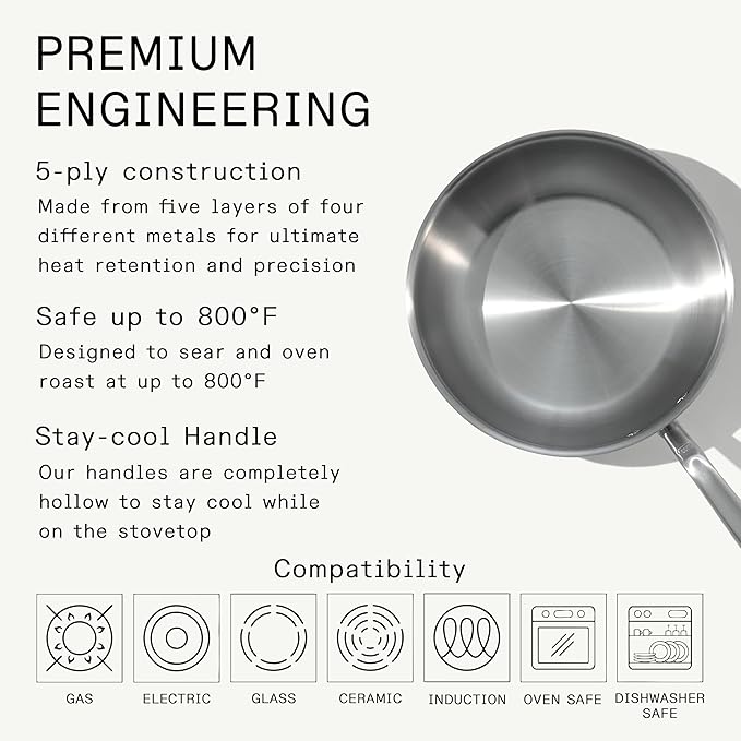 Made In Cookware - 5 Quart Stainless Steel Saucier Pan - 5 Ply Stainless Clad - Professional Cookware - Crafted in Italy - Induction Compatible
