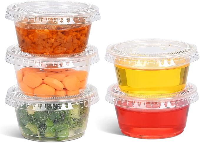 EDI Clear Disposable Plastic Portion Cups with Leakproof Lids | 2 Oz, 100 Sets | BPA Free, Recyclable Jello & Dipping Sauce Cups