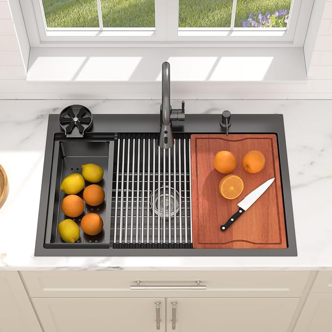 Dcolora 33 In. Black Kitchen Sink with Cup Washer, Large Single Bowl Drop In Installation, Heavy Duty 16 Gauge 304 Stainless Steel, Workstation with Valued Accessories, #DC-T2533001BWS 33"x22"x10"