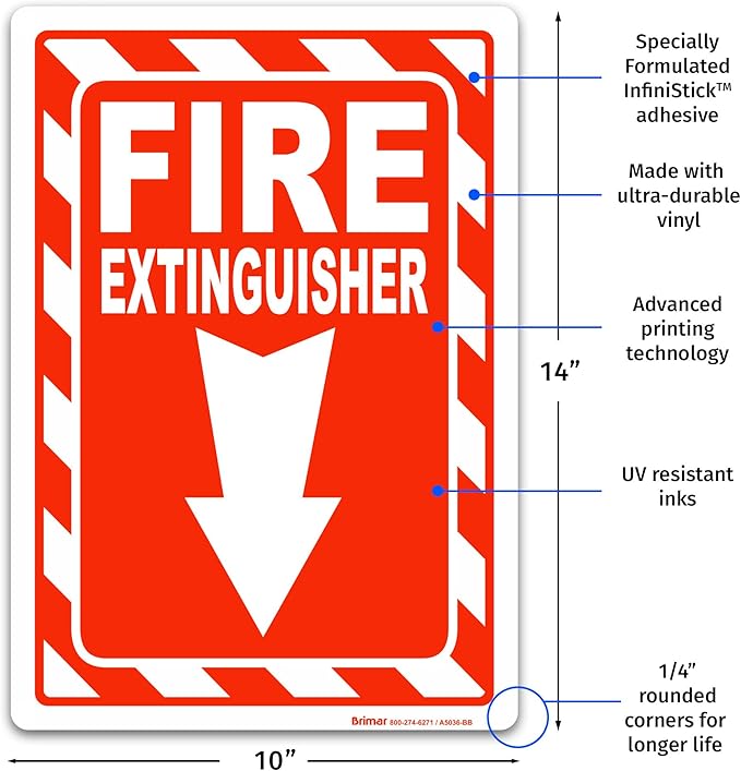 Brimar - 10" x 14" - Fire Extinguisher Sign - 3.5 Mil InfiniStick™ Vinyl Label - Easy Installation - Parking Regulation Compliance