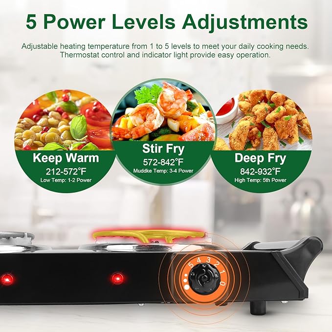 Portable Stove Electric, 2000W Double Burner Electric Cooktop with Coil Hot Plate & Stay Cool Handles, 5 Level Temperature Control, Cooking Stove for Home RV Camping