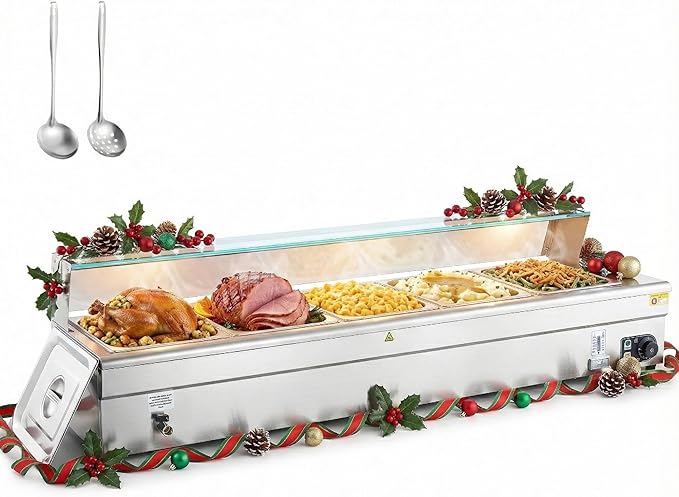WILPREP 5-Pan Commercial Food Warmer with Sneeze Guard, Five 1/2 Pans, 1500W Countertop Electric Steam Table, 86-185°F Adjustable Temp Control, Stainless Steel Buffet Bain Marie