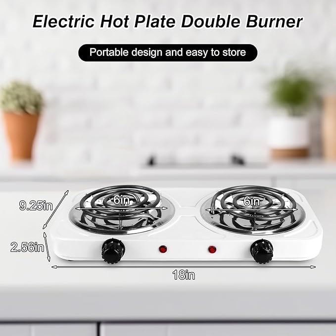 2000W Double Burner Electric, Portable Hot Plate for Cooking, Cooking Stove with 5 Temperature Adjustments, Countertop Burner Cooktop for Kitchen, Dorm (2Burner_White, 18x10x3")