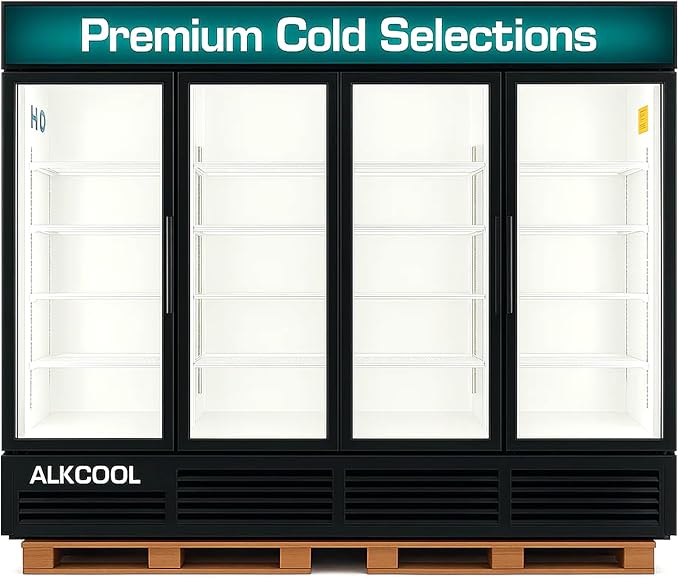 Commercial Refrigerator Display Fridge,85 Cu Ft Four Glass Door Upright Merchandiser Drink Cooler with LED Light Adjustable Shelves,ETL Sanitation,80" Wide,Wheels Not Includede