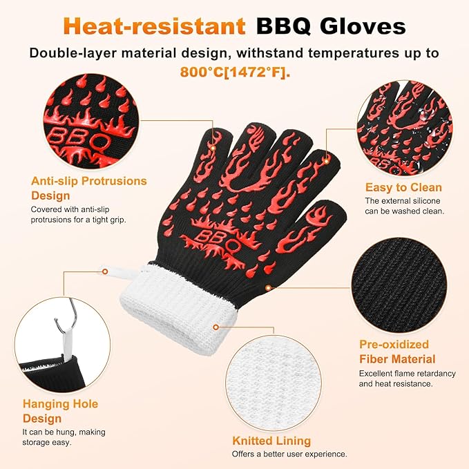 1-Pair BBQ Gloves, 1472°F Heat Resistant Non-Slip Grilling Oven Gloves for Barbecue/Baking/Cooking [L Size, Red]