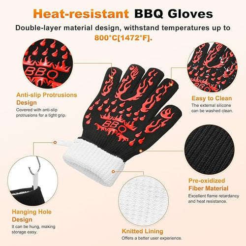 1-Pair BBQ Gloves, 1472°F Heat Resistant Non-Slip Grilling Oven Gloves for Barbecue/Baking/Cooking [L Size, Red]