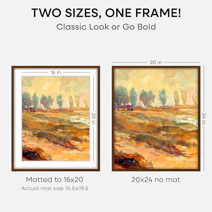 Homeforia 20x24 Picture Frame Brown, High End Dark Oak 20x24 Walnut Wooden Poster Frames with Mat 16x20, 20 x 24 Wood Frame Matted to 16 by 20, 24x20 Hanging Frames, Tempered Glass, Wall Kit, Set of 3