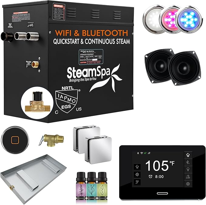 SteamSpa Steam System 10.5kW Steam Shower Generator with Bluetooth Wifi, Quickstart Continous Steam, Advanced Touch Pad Screen, Chroma Lights, Drain Pan and Auto Drain Chrome RVBS1050CH-A
