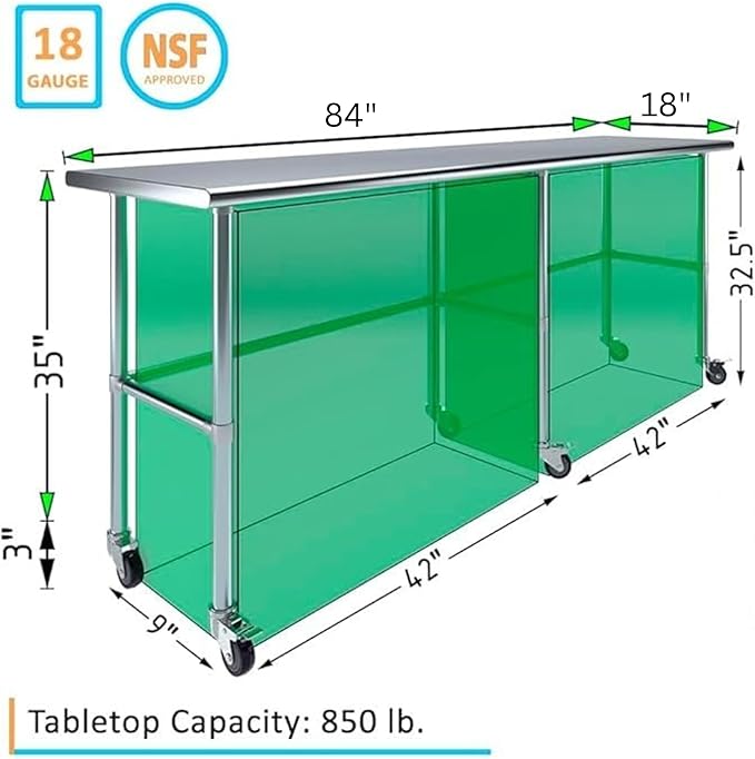 Stainless Steel Work Table Open Base & Wheels | Work Station | Metal Work Bench (Stainless Steel Work Table Open Base + Casters) (84" Long x 18" Deep)