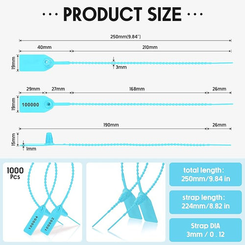 1000 Pcs Plastic Tamper Seals Fire Extinguisher Tags Security Tags Seals Safety Numbered Zip Ties Labels Safety Disposable Self Locking Signage 250 mm Length (Light Blue)