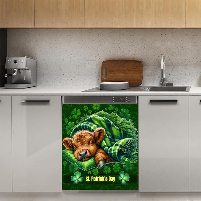 St Patrick Green Highland Cow Dishwasher Magnet Cover Magnetic Dishwasher Decorative Cover Front Dishwasher Door Covers Reuseable Dishwasher Covers Decal for Kitchen Home Decorative