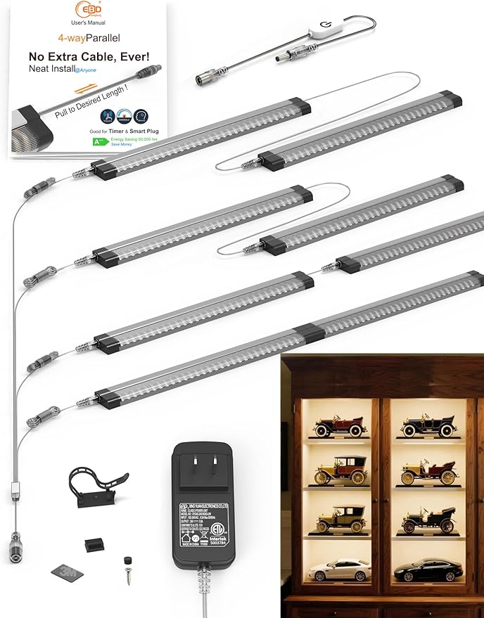 EBD LED Shelf Lights for Bookshelf Closet Bookcase 4-Way 48” Splitter Parallel Under Cabinet Lighting Built-in Adjustable Cable Kitchen Counter Light Bar 8 Panels Energy 3600Lm 3000K