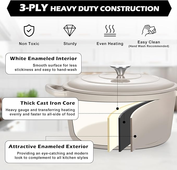 TeamFar 5Qt Dutch Oven, Enameled Cast Iron Dutch Oven with Lid & Dual Handles for Cooking Baking Braising Simmering, Healthy & Sturdy, Oven & Various Stovetops Safe, Non-stick & Easy Clean - Khaki