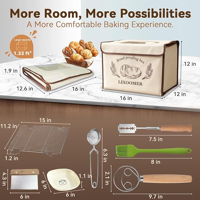 Collapsible Bread Proofing Box with 68-115°F Temp Control & 48H Timer, Bread Making Kit with Dough Warming Box, Includes 7 Kitchen Baking Accessories