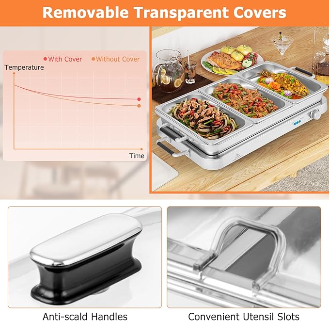 Giantex Buffet Server & Electric Food Warmer, 2-in-1 Food Warming Tray, Adjustable Temperature, 3 Food Pans with Lids, Dishwasher Safe, 8 QT Stainless Steel Chafing Dishes for Parties Holiday Events