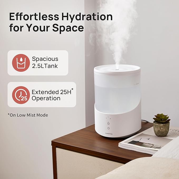 Clarston Humidifiers for Bedroom, 2.5L Cool Mist Humidifier with Essential Oils Diffuser and Nightlight, Top Fill Humidifiers for Home Large Room, Timer, Auto Shut-off, 25H Runtime
