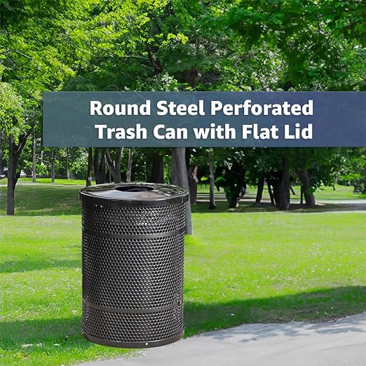 55 Gallon Perforated Trash Can with Flat Lid, Steel Outdoor Heavy-Duty Commercial Waste Bin, Round Recycle Container, Durable Garbage Can for Parks, Municipalities, Schools, Parking