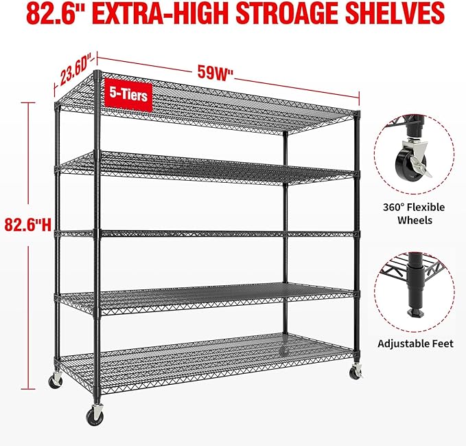 GarveeLife 82" H Storage Shelves with Wheels 3300 LBS Heavy Duty Metal Shelving 5-Tier Wire Shelving for Corner Storage Rack Adjustable Pantry Shelf for Kitchen Pantry, 82" H x 59" W x 23.5" D