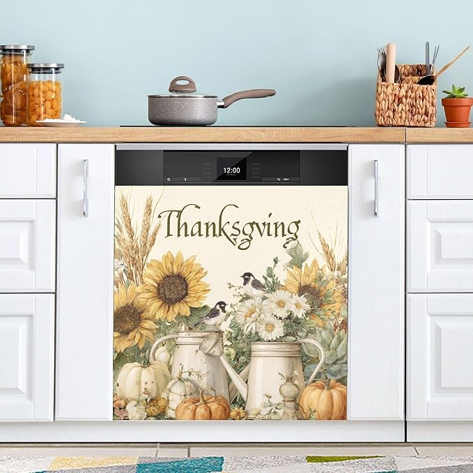 Fall Yellow Sunflower Thanksgiving Dishwasher Magnet Cover for Front Panel Magnetic Dishwasher Cover Decorative Refrigerator Magnet Covers Fridge Panel Decal for Home Decor, 23" x 26"