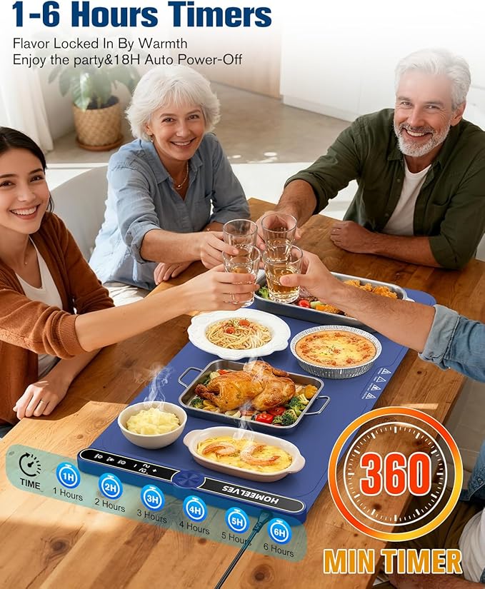 Food Warming Mat Extra Large, Rapid Heating Electric Warming Tray with 9 Temp Setting and 6 Hours Timer,Foldable Warming Trays for Food, Portable Food Warmers for Parties Buffet, Blue
