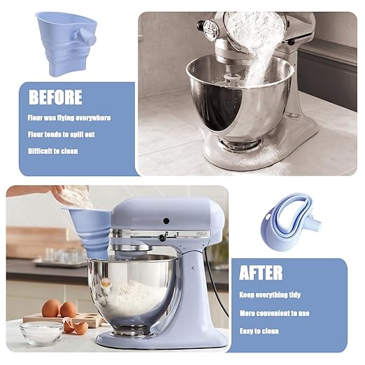 Flour Funnel for Kitchen Mixer，Silicone Funnel with Easy-Pour Attachment Fits4.5 & 5Quart Tilt-Head Mixers, Easy Clean Durable Mess-Free Baking Accessory (Blue,KSM150)