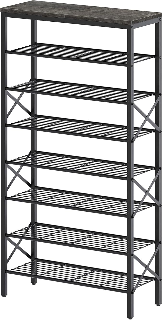 8 Tier Shoe Rack, Large Capacity Shoe Storage Organizer Holds 32 Pairs, Sturdy and Stable, for Entryway, Hallway, Closet, Dorm Room, Charcoal and Black SS08BC
