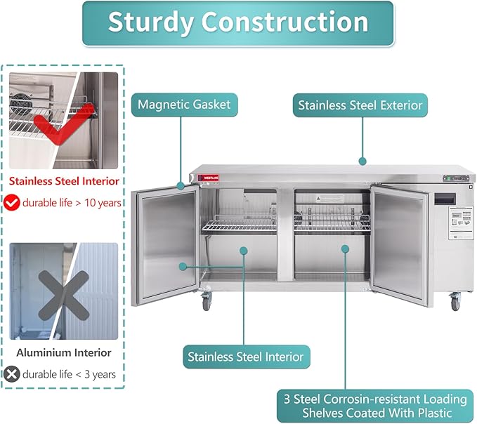 WESTLAKE 72"" W Commercial Refrigerator Worktop Undercounter Refrigerator 17.7 Cu.ft Single Door Stainless Steel Counter Fan Cooling Refrigerator Food Prep Station for Restaurant, Bar, WKTR-72B