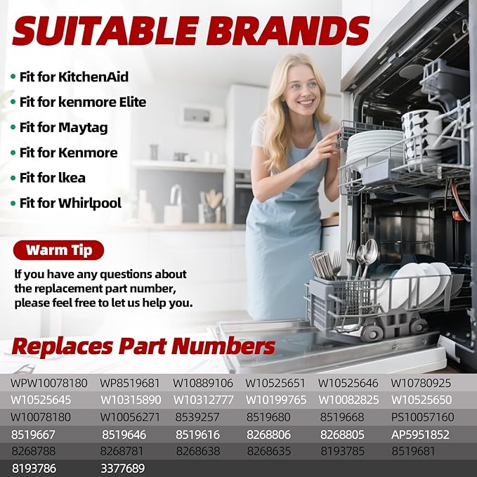 Upgraded W10728159 Dishwasher Lower Rack for Maytag Dishwasher Rack with Wheels, W10525646 W10780925 W10082825 Lower Rack Replacement for Kitchenaid Dishwasher Rack Parts, 22"D by 20.8"W
