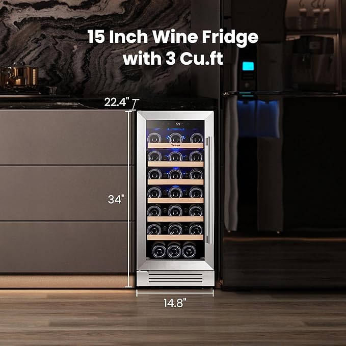 Yeego 15 Inch Wine Fridge Cooler - 33 Bottles Wine Cooler with Glass Door, 40-65℉ Built-In or Freestanding Refrigerator, Under Counter Wine Fridge for Kitchen Bar Office (Left-Hinged)