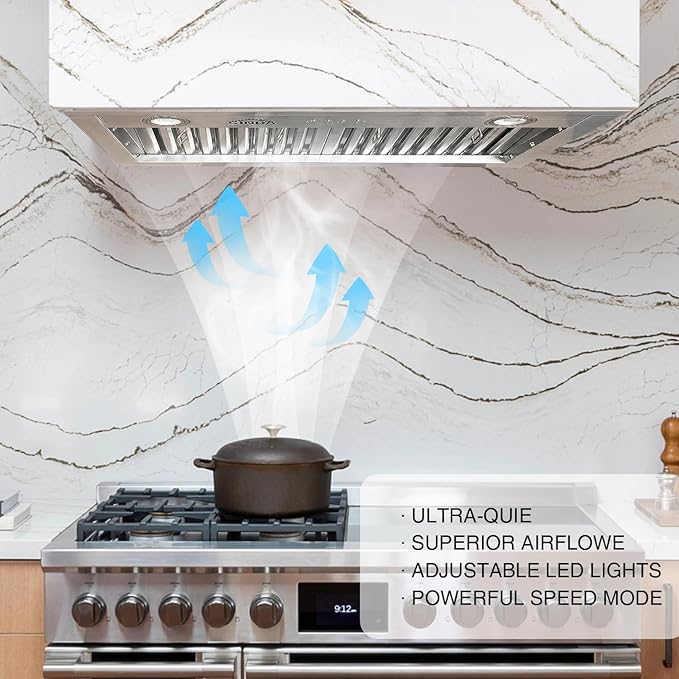 SINDA 36 Inch Built-In/Insert Range Hood, 4-Speed 610 CFM, Stainless Steel Under Cabinet Range Hood Kitchen Vent Hood with Liner and Internal Motor, 6" Duct, Adjustable Lights, Baffle Filter