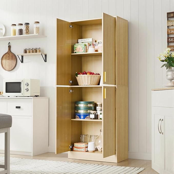 Cozy Castle Kitchen Pantry Cabinet, 71" Tall Wood Storage Cabinet with Doors and Shelves 4 Doors Freestanding Cupboard for Dining Room Living Room Bathroom Furniture, Oak