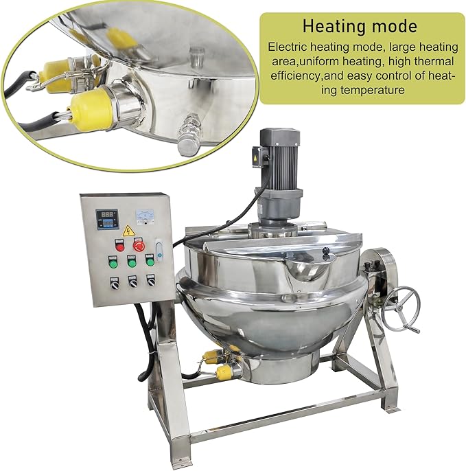 Jacketed Cooking Pot Electric Jacketed Kettle with Stirrer Commercial Stainless Steel Tiltable Jacketed Pot 200L 52.8Gallon Capacity for Soup Chili Sauce Beverage Jam Porridge 220V
