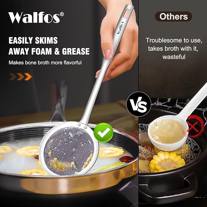 Walfos Fat Skimmer Spoon, 304 Stainless Steel Fat skimmer For Cooking, 3", 4" & 5 inch fine mesh skimmer, Food Strainer Fit For Separation Of The Floating Foam, Fat, Grease, Set of 3