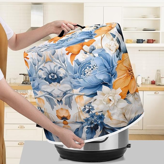 White Flowers Cover for Appliances Blue Flowers Rice Cooker Cover Orange Flowers Cooker Protective Cover for Instant Pot 6 Quart Inner Pot Small Appliance Covers