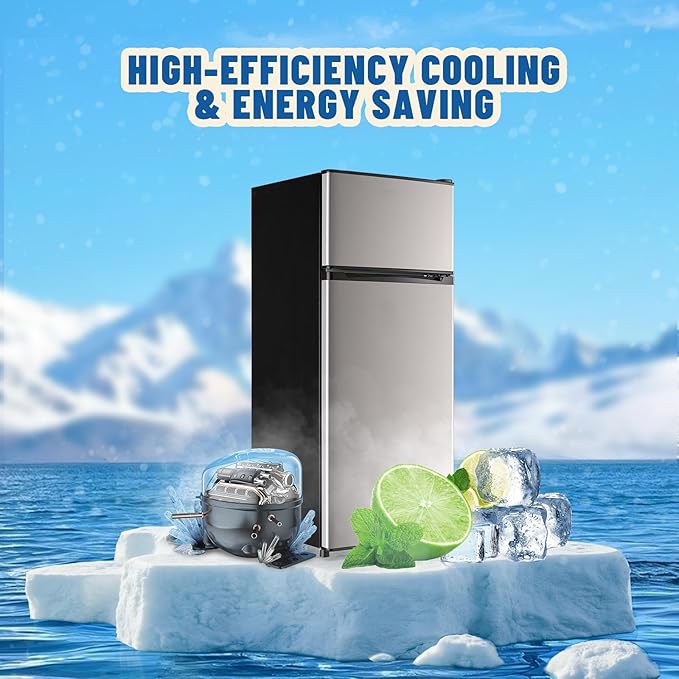4.5 CU.FT Capacity Compact Refrigerator with Freezer Double Door Mini Fridge Small Apartment Refrigerator with 7 Adjustable Temp Control & 3 Glass Shelves for Kitchen Office Dorm Silver