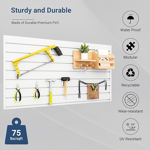Slatwall Panel 4 FT x 2 FT, Interlocking Slat Wall Paneling, Wall Mounted PVC Wallpanel, Suitable for Garage Storage and Organizer, Slatwall Board, Shelves - White