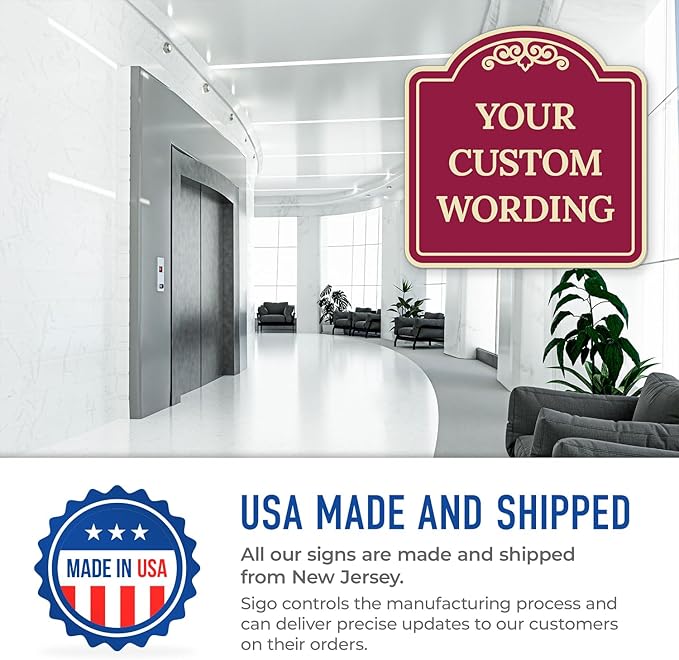 Custom Decorative Sign, Personalized Metal Sign for Business, Driveway, Home, Airbnb, Office Door Plaque,Burgundy Background Sign, 12x12 Inches, ACM, Fade Resistant, Made in USA by Sigo Signs
