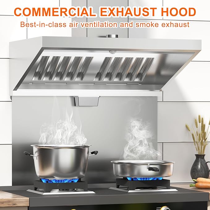 Commercial Exhaust Hood 4 FT Stainless Steel Concession Trailer With 2 Removable Filters, Grease Cup and Light, Rust Resistant Vent for Restaurant Kitchen, NSF Listed