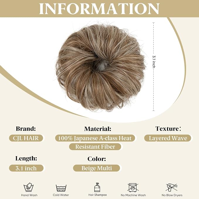 CJL HAIR 2PCs Small Cute Messy Bun Hair Piece for Thin Hair Women Mini Synthetic Curly Bun Scrunchies Updo Hairpieces Beige Multi