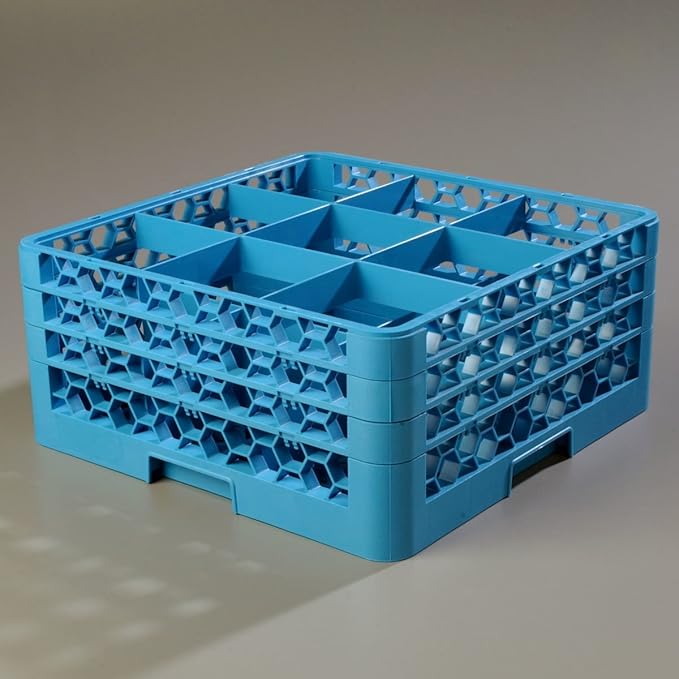 Carlisle FoodService Products RG9-314 OptiClean 9 Compartment Glass Rack with 3 Extenders, 8.72", Blue, Polypropylene, Blue