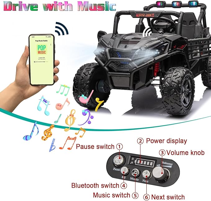 24V 2-Seater Ride On Car, Side by Side Kids Ride On Truck with Remote Control, Battery Powered Electric Car for Kids, Off-Road Ride On Truck with Bluetooth, Black