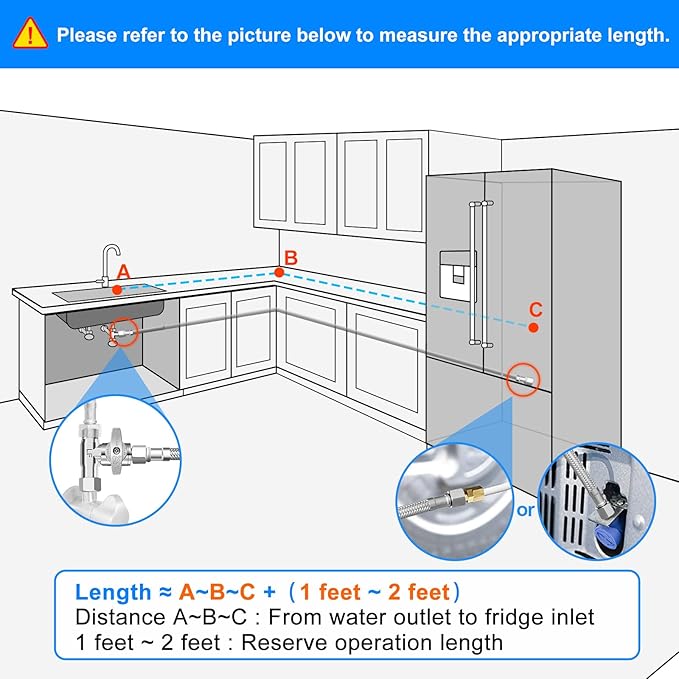 Fridge Water Line Kit - 25FT Premium Stainless Steel Braided Refrigerator Water Line with Tee Stop Valve,Foodgrade PEX Inner Tube Ice Maker Water Line with 1/4" Fittings for Refrigerator Ice Maker