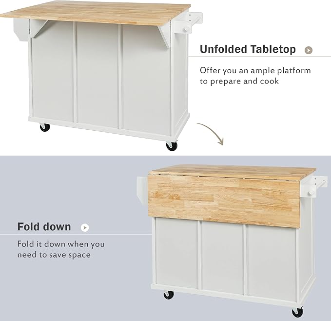 Favfurish Kitchen Island with Drop-Leaf Countertop, Internal Storage Cabinet Racks, Rolling Kitchen Cart on 5 Wheels with Open Shelves and 3 Drawers, Spice Holder, for Dining Room, White
