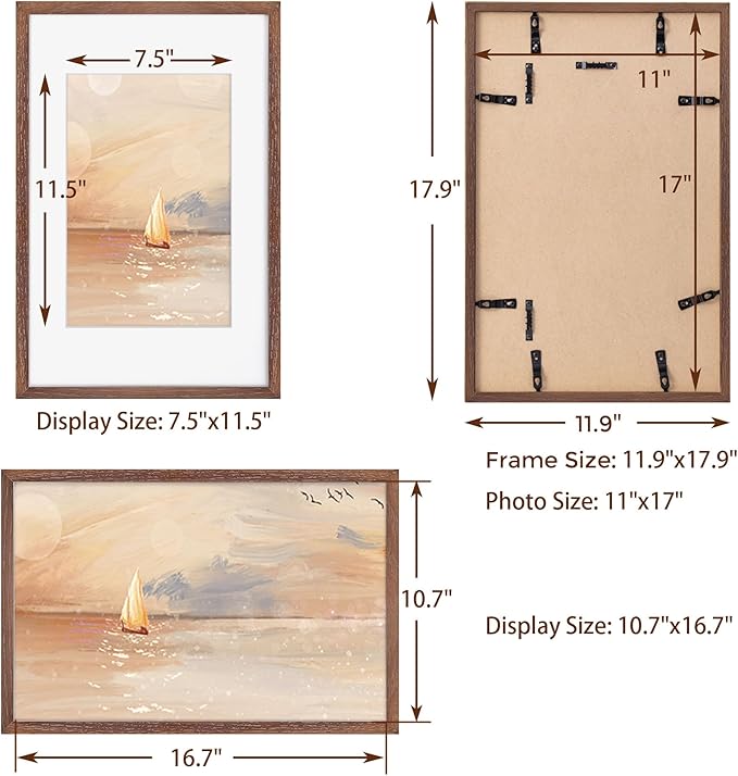 Fun Memories 11x17 Picture Frame Set of 3, Solid Oak Wood 11 x 17 Frames with Tempered Glass, 11x17 Frame Matted to 8x12, Rustic Wooden 11 by 17 Poster Frames for Wall