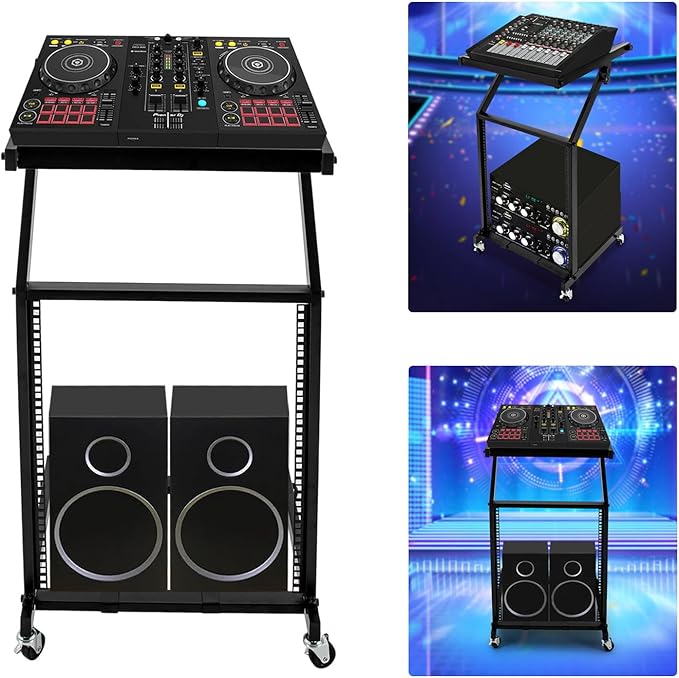 DJ Mixer Stand, 2-Layer Audio Device Rack with 4 Wheels, Audio Studio Mixer Stand for Homes Offices Stage Concert Studio Equipment Rolling Stage Cart (12U)