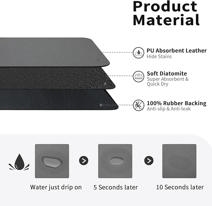 Dish Drying Mat for Kitchen Counter, Heat Resistant Drainer Mats with Non-slip Rubber Backed, Hide Stain Kitchen Super Absorbent Draining Mat, Easy to Clean Dish Rack Pad, Dark Grey 16"x20"
