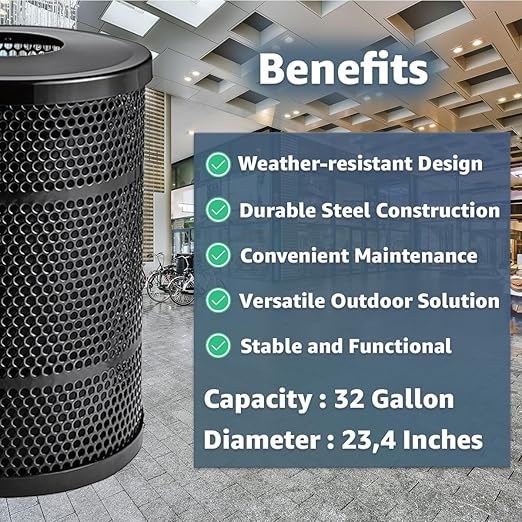 32 Gallon Perforated Trash Can with Flat Lid, Steel Outdoor Heavy-Duty Commercial Waste Bin, Round Recycle Container, Durable Garbage Can for Parks, Municipalities, Schools, Parking